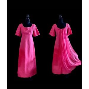 Flamingo‎ Pink Empire Waist Prom Dress Chiffon Drape 1960s Vintage